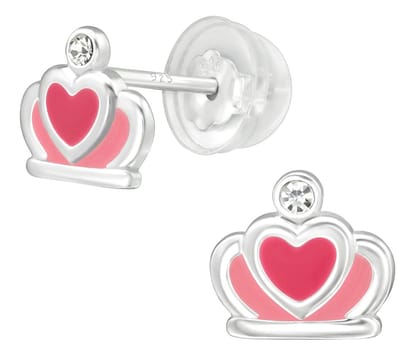 Joy|S - Zilveren kroon oorbellen - prinses - 8 x 7 mm - roze met kristal