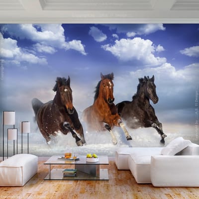200cm X 140cm - Fotobehang -Paarden in de sneeuw, premium print vliesbehang