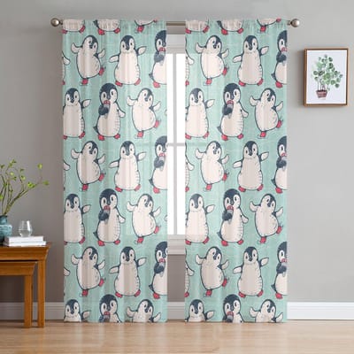 Winter Cartoon Pinguïn Tule Gordijnen Voor Woonkamer Slaapkamer Huisdecoratie Chiffon Transparant Voile Keukengordijn 135W x 114H(cm) white