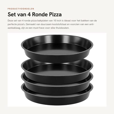 Dailygoods- Pizza Bakplaat 10 Inch - Ronde Bakplaat - Antiaanbaklaag - Koolstofstaal - Set van 4 - Stabiele Onderkant - Pizzapan