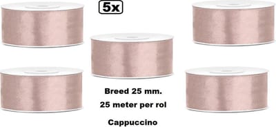 5x Rol Satin Ribbon lint 25mm cappuccino 25 meter