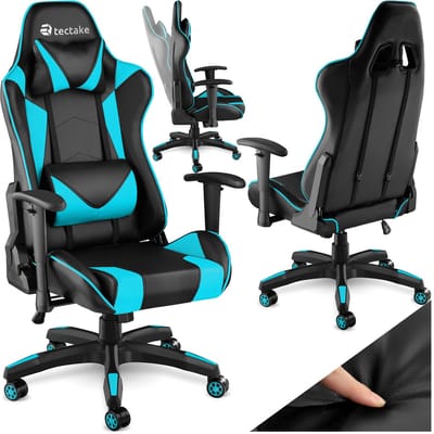 tectake® Bureaustoel - Gamingstoel met verstelbare rugleuning en armleuningen - Inclusief nekkussen en lendensteun - Ergonomisch - In hoogte verstelbaar - Maximale belastbaarheid 120 KG - Afmeting (LxBxH) 68 x 69 x 117,5-125 cm - Zwart / azuurblauw