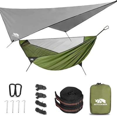 Hangmat Outdoor - Kampeerhangmat Reishangmat - Ontspannen Buiten - Met Muggennet en Regenkap - 290 x 155 cm - Groen