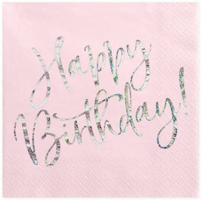 PARTYDECO - 20 roze "Happy Birthday" iriserende papieren servetten 33 x 33 cm voor feest