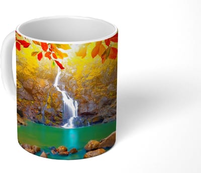 Mok - Koffiemok - Stenen - Boom - Waterval - Herfst - Rood - Mokken - 350 ML - Beker - Koffiemokken - Theemok