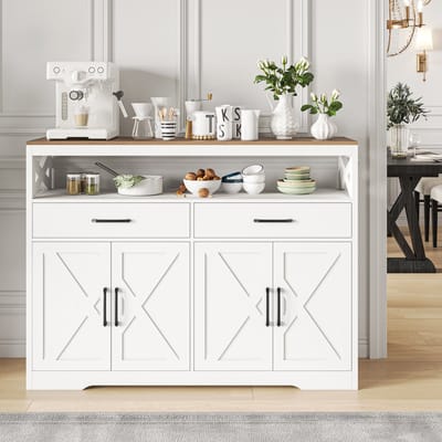 Keukenkast, dressoir met 2 laden, 4 deuren, verstelbare plank, landelijke stijl, voor woonkamer, keuken, eetkamer, 40 x 140 x 105 cm, vintage wit + bruin