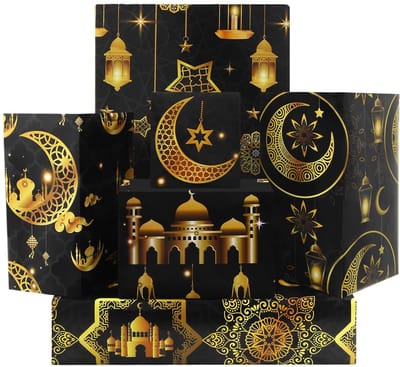 Cosensi- Inpakpapier Luxe 6 Vellen - Eid Mubarak Ontwerpen - Stermaan/Moskee/Lantaarn - Ramadan Cadeaupapier - Hoogwaardige 80GSM Kwaliteit