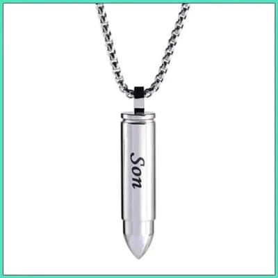 Aramat Jewels | Gedenkhangers | Stalen Kogel Ashanger met Tekst – Zilver & Zwart 5x1cm Gedenksieraad | Zilverkleurig/Son-5x1cm | |15mm | Staal | Volwassenen | Verkleurd niet