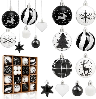 oCreon 38 Stuks Zwart-Witte Onbreekbare Kerstballen - Grote Hangende Versieringen voor Kerstmis en Feestdagen