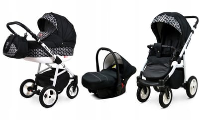 BabyLux® Kinderwagen 3in1 – ALUWAY - OPTICAL BLACK - Opklapbare Wandelwagen incl. Reiswieg, Multifunctionele Buggy Sportstoel, Autostoel - Combi-kinderwagen met Luiertas, Regenhoes, Klamboe, Bekerhouder, etc.