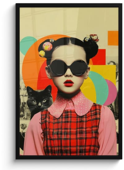 Poster in lijst - Fotolijst 60x90 cm - Posters - Meisje - Zonnebril - Kat - Retro - Posterlijst zwart - Decoratie - Wanddecoratie woonkamer - Muurdecoratie slaapkamer