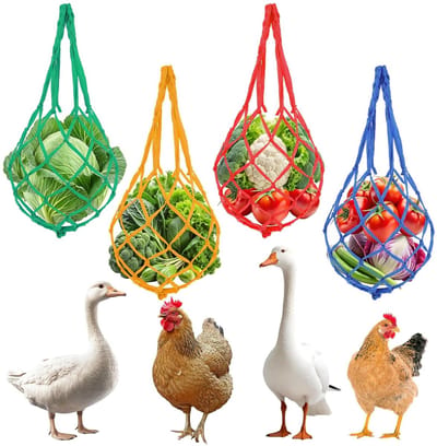 Hanging Voeder voor Kippen, 4 Stuks Nylon Voederzak voor Fruit en Groenten, Praktische Speelaccessoires voor Eenden, Ganzen en Vogels
