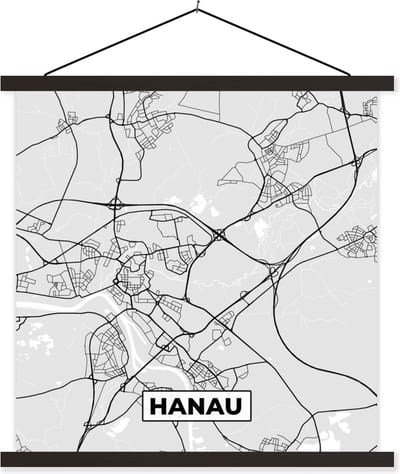 Posterhanger incl. Poster 60x60 cm - Schoolplaat - Plattegrond - Hanau - Kaart - Stadskaart - Duitsland - Textielposter - Zwarte latten - Stadskaart
