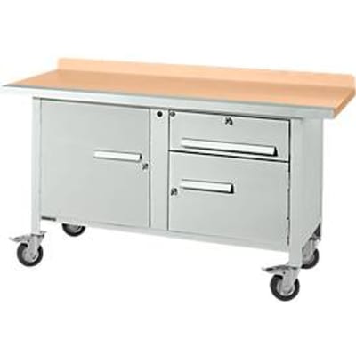 Mobiele werkbank Schäfer Shop Select PWi 150-3, beuken multiplex blad, met stalen rand, tot 400 kg, B 1500 x D 700 x H 840 mm