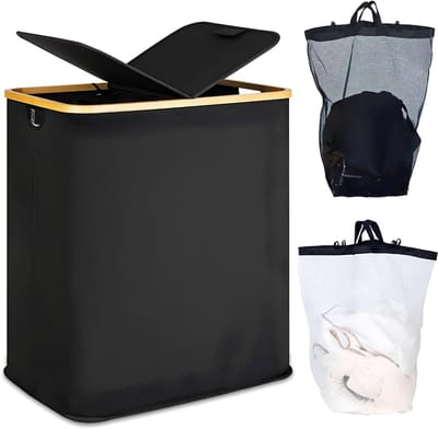JCP® Wasmand - 140L - Wasmand 2 Vakken - Wasmanden - Zwart - 57cm x 37cm x 66cm