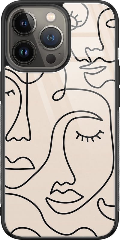 Hoesje geschikt voor iPhone 13 Pro - Abstract gezicht lijnen - Luxe Glazen Hardcase - Hippe print - Bruin - Leuke Telefoonhoesjes