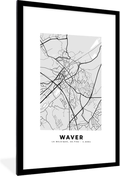 Fotolijst incl. Poster Zwart Wit- Stadskaart – Zwart Wit - Kaart – Waver – België – Plattegrond - 60x90 cm - Posterlijst