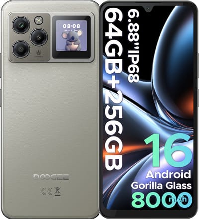 DOOGEE M30 Pro - Smartphone - 64 GB RAM (8+56GB) + 256GB ROM (2TB/TF) - 6,88 Inch HD + 120Hz - IP68 - Android 16 - 8000mAh/33W - 1,3" Subscreen - 64MP drievoudige camera - NFC - Vingerafdruk - Face ID - Grijs