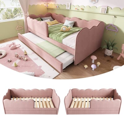 Gestoffeerd Kinderbed - 90x190 cm - Uitschuifbed en Lattenbodem - Slaapbank - Fluweel - Roze