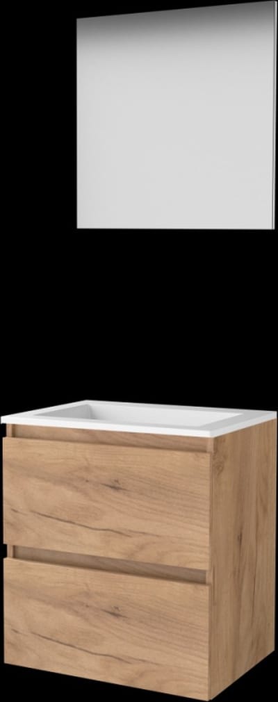 Basic-Line Basic 46 Badkamermeubelset - 60 x 46 cm - Greeploos - 2 Lades - Acryl Wastafel - Zonder Kraangat - Spiegel - Whisky Oak