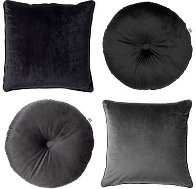 Dutch Decor - KUSSENSET - 4-delig - Velvet Shapes - 45x45 cm en Ø38 cm - inclusief binnenkussens - antraciet, zwart - Met Ritssluiting – Decoratie Kussens - Comfortabele kussentjes voor op de Bank