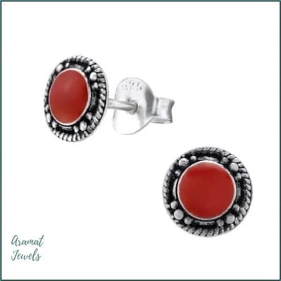 Aramat Jewels | Oorbellen | 925 Zilveren Bali Oorbellen Rond - Etnisch Design | Emaille Rood/7mm | | | Zilver | Kinderen, Volwassenen | Verkleurd niet