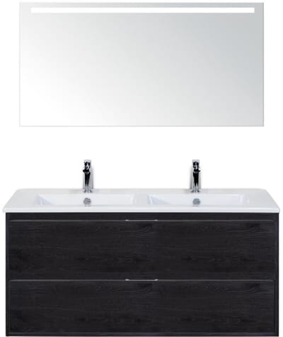 Porto Badmeubelset 120 cm - 2 Laden Black Oak - Keramische Wastafel Wit Slim met Sence Spiegel
