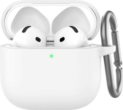 Hoesje geschikt voor Apple AirPods 4 - Siliconen case - AirPods cover - Protective case - Beschermhoes - Hoes voor oortjes - Softcase - Oplaadcase bescherming - Krasbestendig - Met haak - Wit - Jonyx