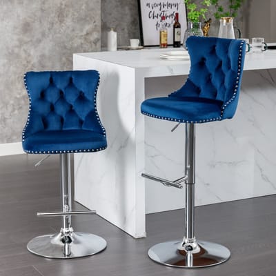 Barkrukken - Set van 2 - In Hoogte Verstelbaar - Draaibaar met Chrome Voet - Fluweel - Blauw