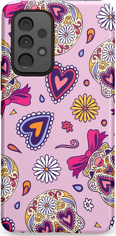 Casetastic hoesje geschikt voor Samsung Galaxy A53 (2022) 5G - Dubbellaagse bescherming - Dia de los Muertos Doodshoofd Strik - Fashion Case - Lichtroze Lila Taupe Zilver