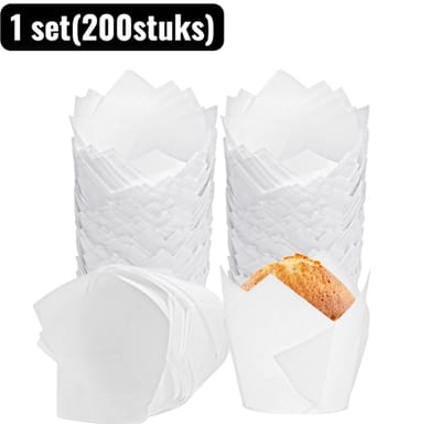 1 set（200stuks） - Bakvormen - Vlammende Tulpen Cakevormpjes - Voedselveilig Bakpapier Muffin Cups， Hittebestendig en Vetwerend voor Cupcakes en Gebak - Wit