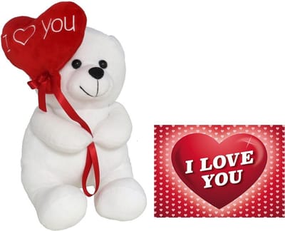 Pluche knuffelbeer met I Love hartje - wit/rood - 30 cm - inc. wenskaart