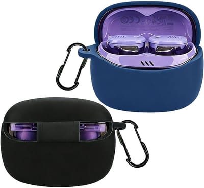 2 Pack Oplader Hoesje voor JBL Tune Buds 2 Hoofdtelefoons met 2 Sleutelhangers, Zacht Siliconen, Ultra Dun en Schokbestendig - Zwart en Blauw