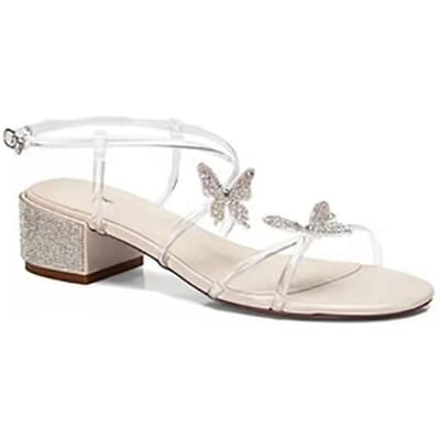 Vrouwen Diamant Dikke Hak Sandalen Dames Ronde Neus Vlinder Hoge Hakken Strass Antislip Zachte Zool Sandalen Schoenen 35 beige