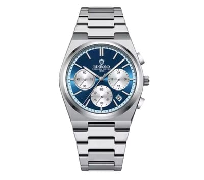 Binbond Herenhorloge - Mannen - Zilveren Polsband - Zilver en Blauw - Horlogedoos