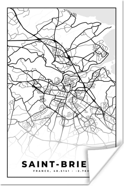 Poster Stadskaart – Frankrijk – Kaart – Saint-Brieuc - Plattegrond - Zwart wit - 120x180 cm XXL