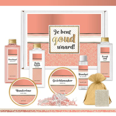 Brievenbus cadeau “Je bent Goud waard!” - 7 producten - 500 gram | Brievenbuspakketje voor haar - Wellness Giftsetje Vrouw - Brievenbusdoos Cadeautje - Bedankt Giftset - Collega - Vriendin - Verjaardag - Moeder - Moederdag - Gift Kerst - Goud - Roze