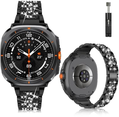 Stravo Luxe Elegante Metalen Bandje – Geschikt voor Samsung Galaxy Watch Ultra 2 (2026) / Ultra (2024/2025) – RVS Horlogeband met Diamant Strass – inclusief inkortset (Zwart)