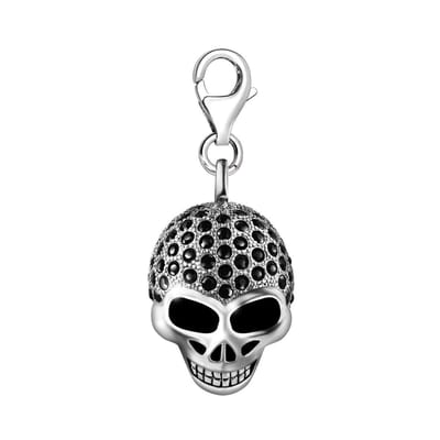 Quiges - Charm Bedel Hanger Doodshoofd met Zwarte Zirkonia - Dames - Verzilverd - QHCP010