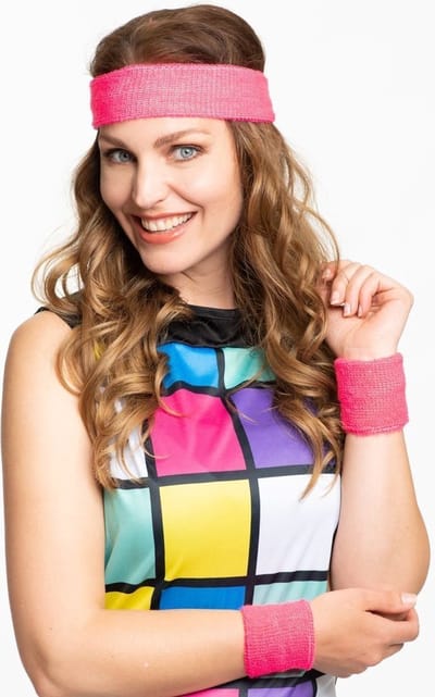 Partychimp Voordeelverpakking 6 pack Set Hoofdband Polsbandjes voor bij Carnavalskleding Dames Carnaval Accessoires Foute Party - Neon Roze – Polyester – 6 pack