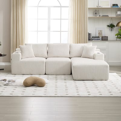 MODFU Modulaire Bank - Met Liggedeelte En Zijvakken - Met Bekerhouders - Voor Woonkamer - Ribstof - Beige - 257 x 90-160 x 62 cm