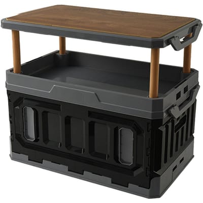 Boîte de Camping Pliable Empilable Grande Capacité 3 Couches Couvercle en Bois Bac de Rangement en Plastique 95L Noir Gris grise noire
