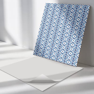 Wallfluent Vinyl Tegels - Geometrisch Bloemenpatroon Zelfklevende PVC Tegels - 30 cm x 30 cm - Blauw Vinyl Tegels - 9 stuks - Vierkant PVC Tegels - Patroon Plaktegels - Vinyl Vloer Tegels - Plaktegels Keuken en Badkamer