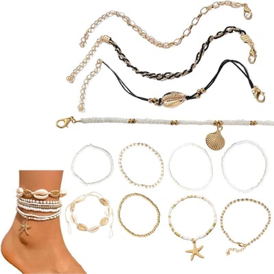 Set van 12 Enkele Enkelbandjes met Verstelbaar Elastisch Koord - Bohemian Stijl met Schelpen en Kralen - Kleurrijk voor Strand, Feest of Cadeau