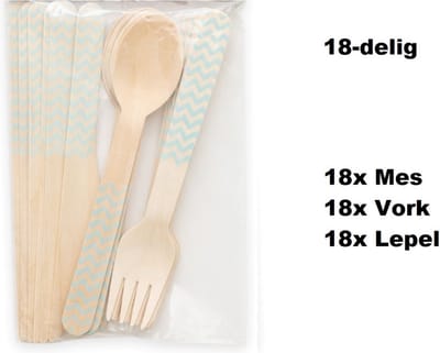 3x Bestekset wave hout 18-delig baby blauw (54 stuks) - Feest festival thema party food diner