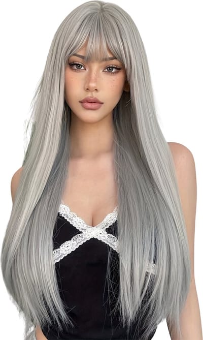 Nivard Pruiken Dames - Lang Haar - Hair Wig - Cosplay Pruik - Zilver - 66cm