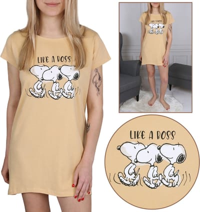 Peanuts Snoopy BEIGE Dames NACHTJASJE, KATOENEN slaapshirt met korte mouwen 100% KATOEN