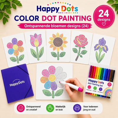 HappyDots Color DOT Painting set Bloemen - 24 designs + stiften set + opbergmap