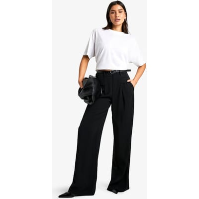 boohoo Dames Lange vloeiende broek met wijde pijpen en riem | Zwart | Maat: 36