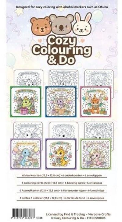 Kleurboek - Kleurkaarten - Findit Color - Coloring Book - Cozy Colouring Cards Set - Dragon Party - Gratis verzonden - FITCCS10005